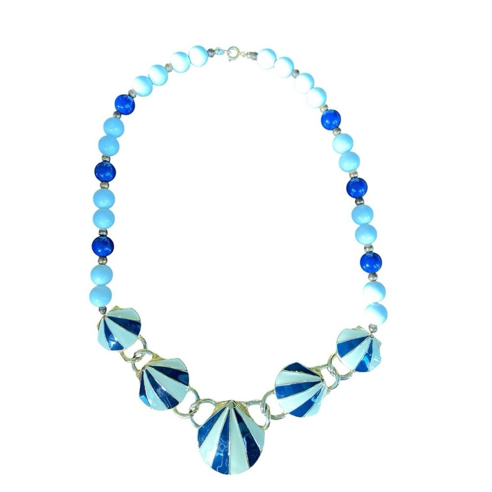1980s Glass Beads Metal Enamel Necklace Shell Link Bib Circus Tent Blue White